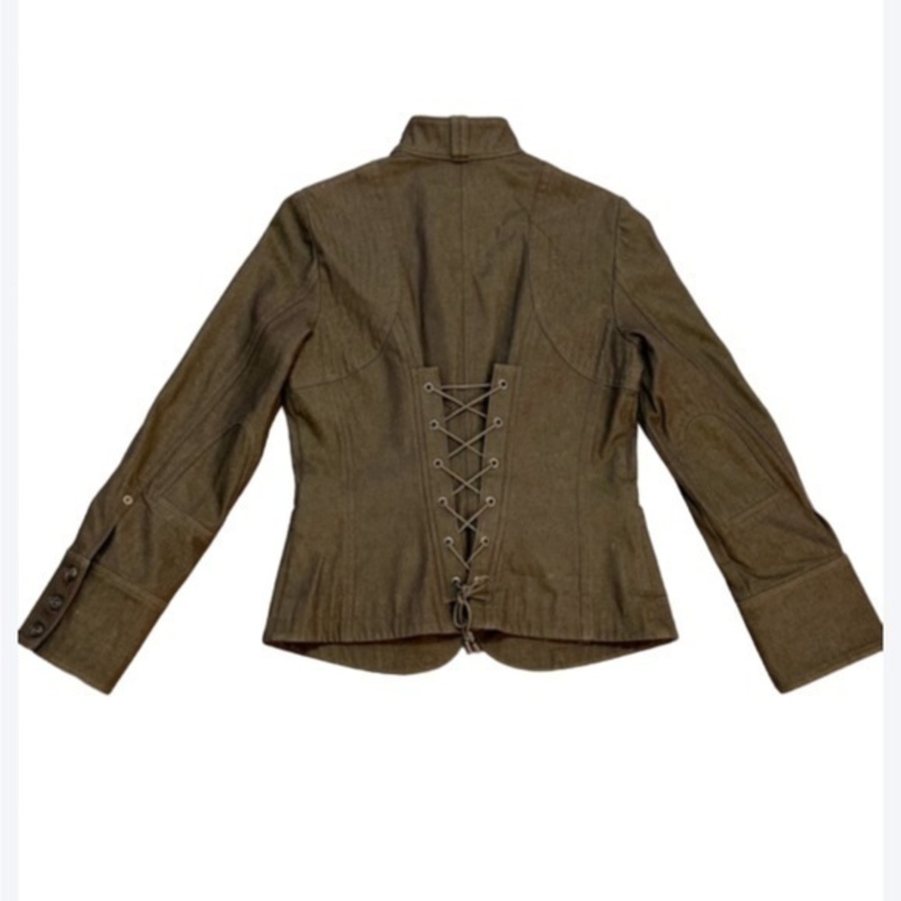 Gorgeous ETCETERA olive green moto biker jacket jacket coat with tie up back.